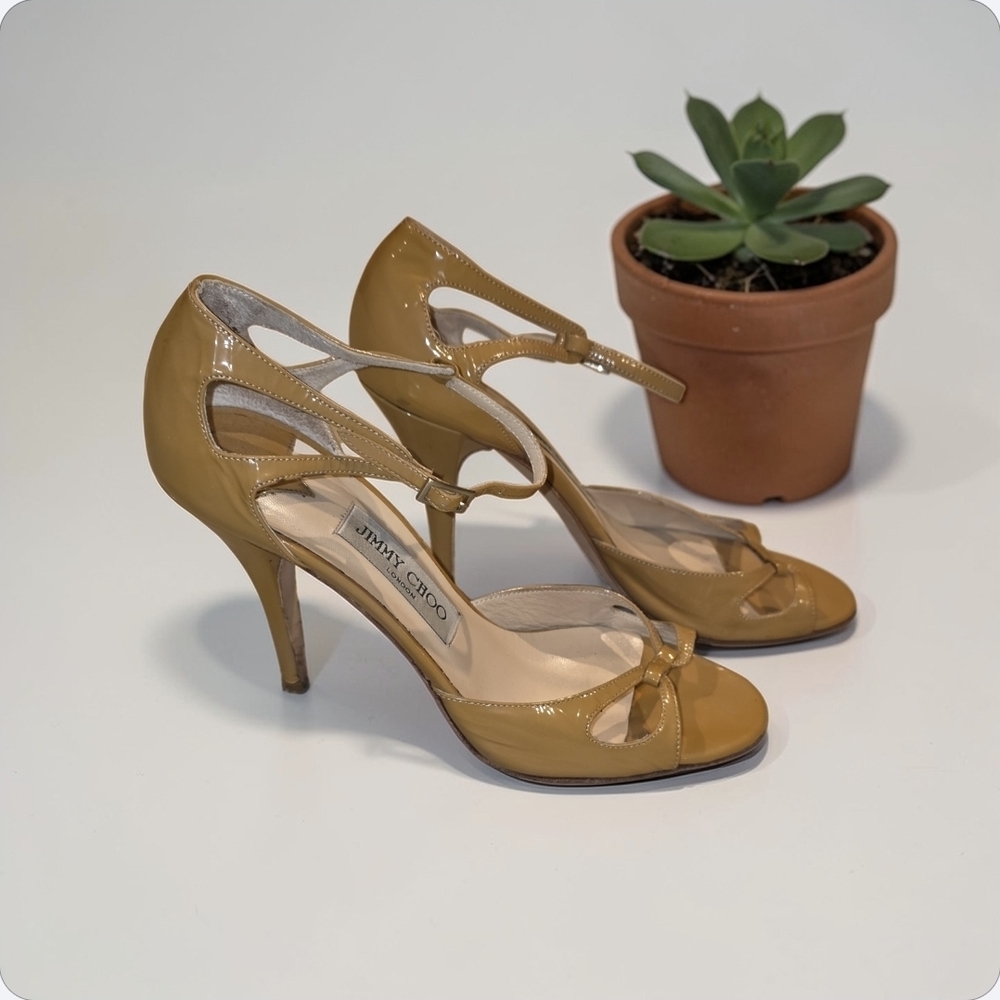 Jimmy Choo Tan Patent Leather Heels Size 39 4" Heels